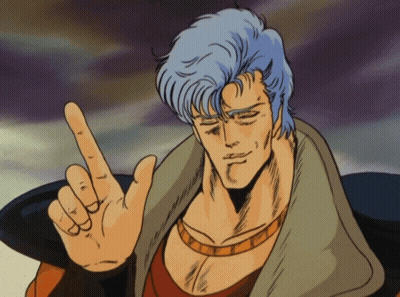 A Cartoon Of A Man With Blue Hair Pointing Up GIF