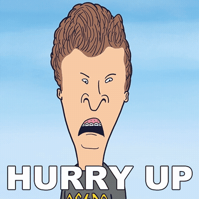 A Cartoon Of A Man With Braces On His Teeth And The Words Hurry Up Below Him GIF
