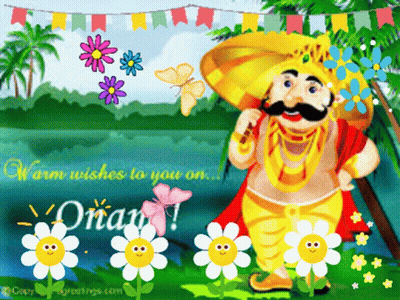 A Cartoon Of A Man With Flowers And The Words Warm Wishes To You On Onam GIF
