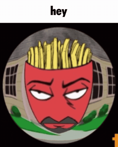 A Cartoon Of A Man With French Fries On His Head And The Words Hey Above Him GIF