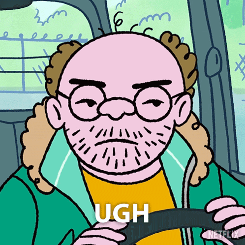 A Cartoon Of A Man With Glasses And A Beard Is Driving A Car And The Word Ugh Is Above Him GIF