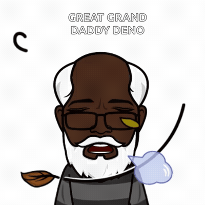 A Cartoon Of A Man With Glasses And A Beard With The Words Great Grand Daddy Deno Above Him GIF
