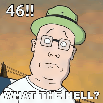 A Cartoon Of A Man With Glasses And A Green Hat Says 46 What The Hell GIF