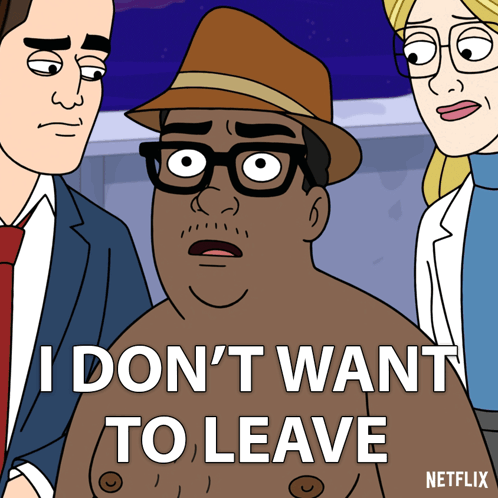A Cartoon Of A Man With Glasses And A Hat Says I Don 'T Want To Leave GIF