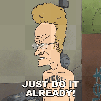 A Cartoon Of A Man With Glasses And A Tattoo That Says Just Do It Already GIF