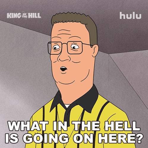 A Cartoon Of A Man With Glasses And A Yellow Shirt Says What In The Hell Is Going On Here GIF