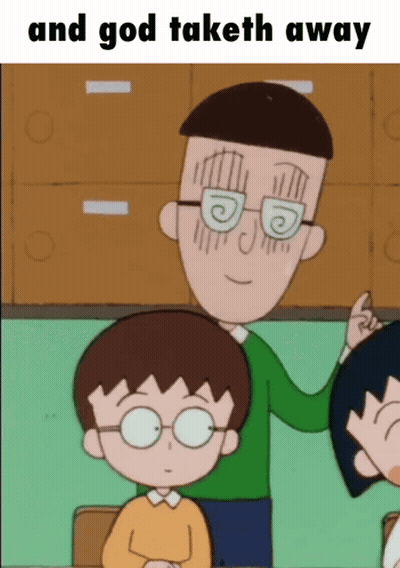 A Cartoon Of A Man With Glasses And The Words " And God Taketh Away " Below Him GIF