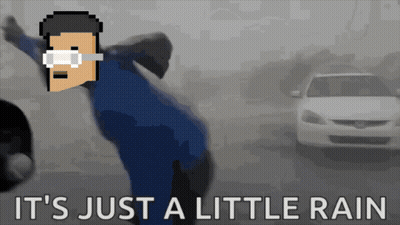 A Cartoon Of A Man With Glasses And The Words It 'S Just A Little Rain Below Him GIF