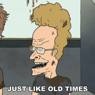 A Cartoon Of A Man With Glasses And The Words Just Like Old Times Below Him GIF
