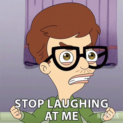 A Cartoon Of A Man With Glasses And The Words Stop Laughing At Me GIF