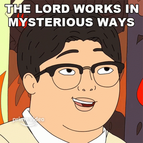 A Cartoon Of A Man With Glasses And The Words The Lord Works In Mysterious Ways GIF