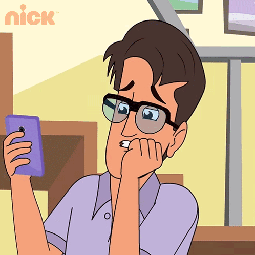 A Cartoon Of A Man With Glasses Looking At A Cell Phone With The Nick Logo In The Corner GIF