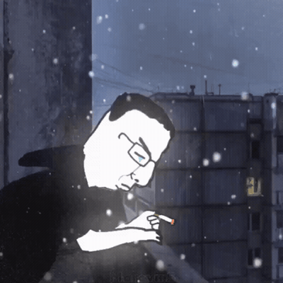 A Cartoon Of A Man With Glasses Smoking A Cigarette In Front Of A Building GIF