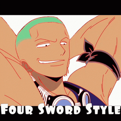A Cartoon Of A Man With Green Hair And The Words Four Sword Style GIF