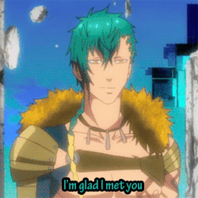A Cartoon Of A Man With Green Hair And The Words I 'M Glad I Met You GIF