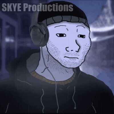 A Cartoon Of A Man With Headphones And The Words Skye Productions GIF