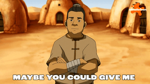 A Cartoon Of A Man With His Arms Crossed And The Words Maybe You Could Give Me Below Him GIF