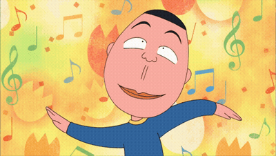 A Cartoon Of A Man With His Arms Outstretched In Front Of Music Notes GIF