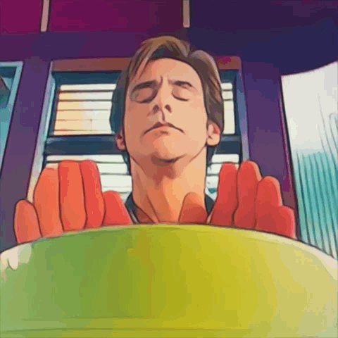 A Cartoon Of A Man With His Eyes Closed And His Hands On A Bowl GIF