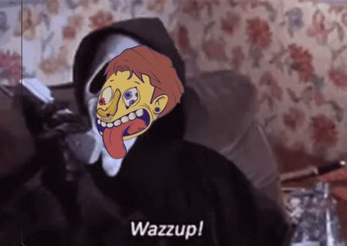 A Cartoon Of A Man With His Tongue Out And The Words Wazzup GIF
