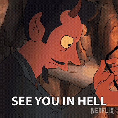 A Cartoon Of A Man With Horns And The Words See You In Hell GIF