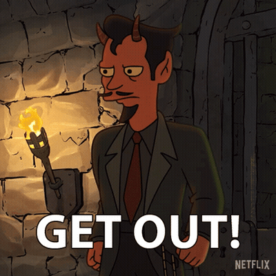 A Cartoon Of A Man With Horns Holding A Torch And The Words Get Out GIF