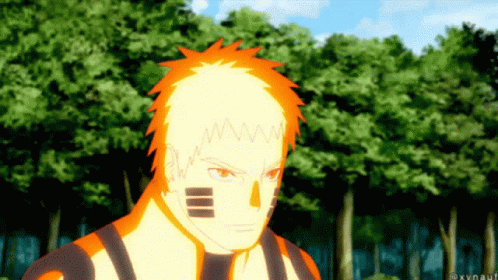 A Cartoon Of A Man With Orange Hair And A Black Stripe On His Chest Stands In Front Of Trees GIF