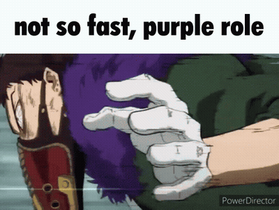 A Cartoon Of A Man With Purple Hair And Gloves With The Caption Not So Fast , Purple Role . GIF