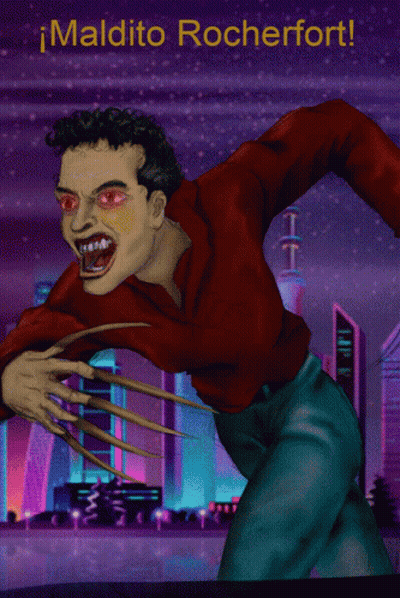 A Cartoon Of A Man With Red Eyes And Claws Says Por Tu Culpa Tenemos Que Salir Corriendo ... Otra Vez GIF