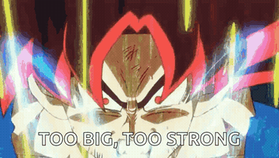 A Cartoon Of A Man With Red Hair And The Words `` Too Big , Too Strong '' GIF