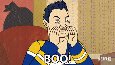 A Cartoon Of A Man With The Word Boo Written On It GIF