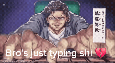 A Cartoon Of A Man With The Words Bro 'S Just Typing Shi On The Bottom GIF