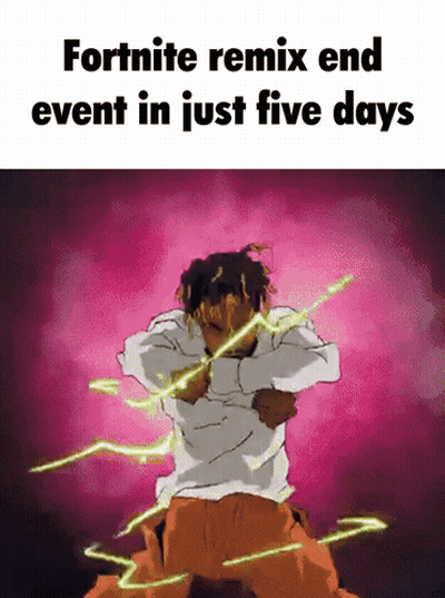 A Cartoon Of A Man With The Words Fortnite Remix End Event In Just Five Days Above Him GIF