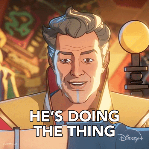 A Cartoon Of A Man With The Words He 'S Doing The Thing Above Him GIF