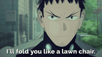 A Cartoon Of A Man With The Words I 'Ll Fold You Like A Lawn Chair Below Him GIF