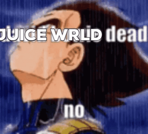 A Cartoon Of A Man With The Words `` Juice Wrld Dead No '' Written On His Face . GIF