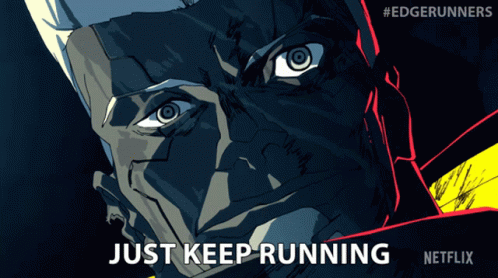 A Cartoon Of A Man With The Words Just Keep Running Written Below Him GIF