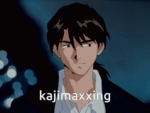 A Cartoon Of A Man With The Words Kajimaxxing Written Below Him GIF