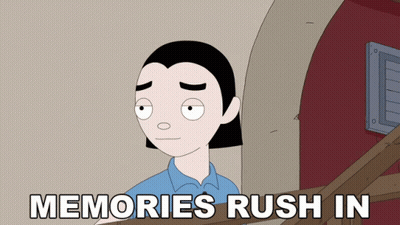 A Cartoon Of A Man With The Words " Memories Rush In " Below Him GIF