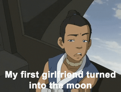 A Cartoon Of A Man With The Words " My First Girlfriend Turned Into The Moon " GIF