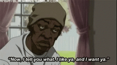 A Cartoon Of A Man With The Words Now I Tell You What I Like Ya And I Want Ya GIF