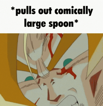 A Cartoon Of A Man With The Words " Pulls Out Comically Large Spoon " GIF