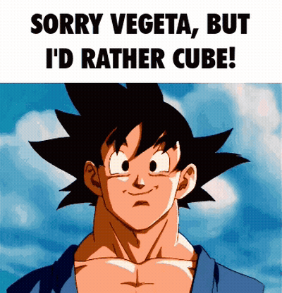 A Cartoon Of A Man With The Words Sorry Vegeta But I 'D Rather Cube On The Bottom GIF