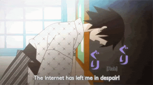 A Cartoon Of A Man With The Words " The Internet Has Left Me In Despair " Below Him GIF