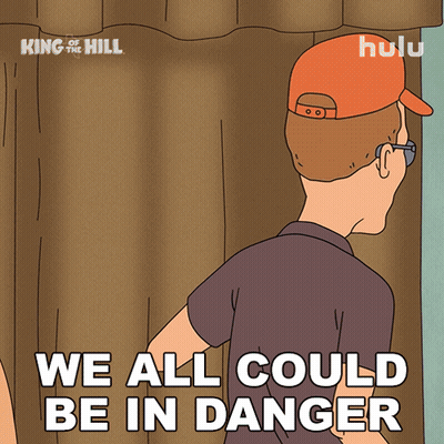 A Cartoon Of A Man With The Words We All Could Be In Danger Below Him GIF