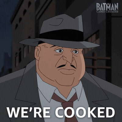 A Cartoon Of A Man With The Words We 'Re Cooked Behind Him GIF