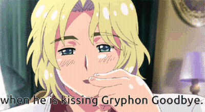 A Cartoon Of A Man With The Words " When He Is Kissing Gryphon Goodbye " Below Him GIF