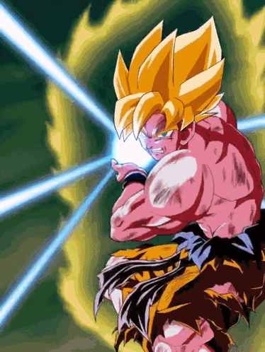 A Cartoon Of A Man With Yellow Hair Holding A Light Beam GIF