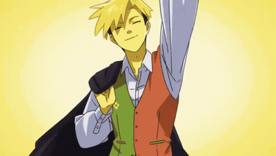 A Cartoon Of A Man With Yellow Hair Wearing A Green Vest And Red Vest GIF