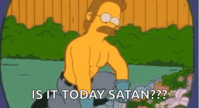 A Cartoon Of A Man Without A Shirt Is Kneeling Down In A Garden And Asking Is It Today Satan ? GIF